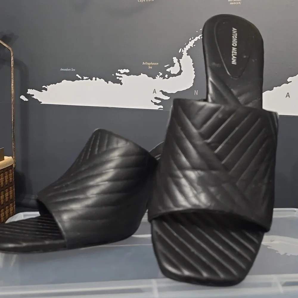Antonio Melanie Mazie Leather Black Square Toe Mules Sandals Size 10M - Picture 1 of 6